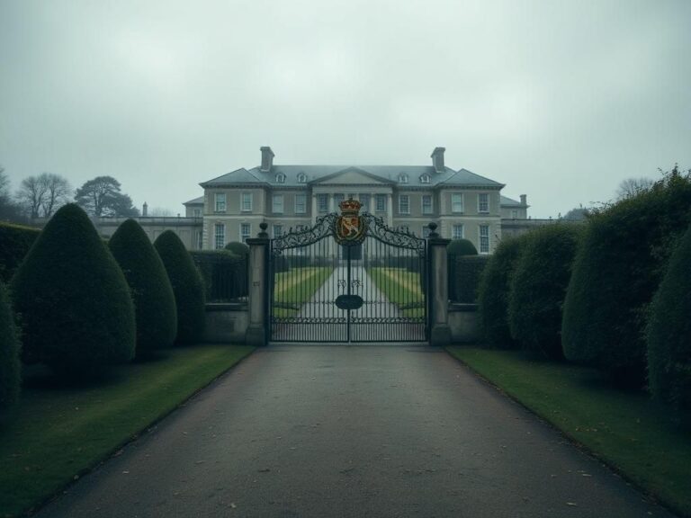 Flick International A somber royal estate surrounded by well-manicured gardens under a gray sky.