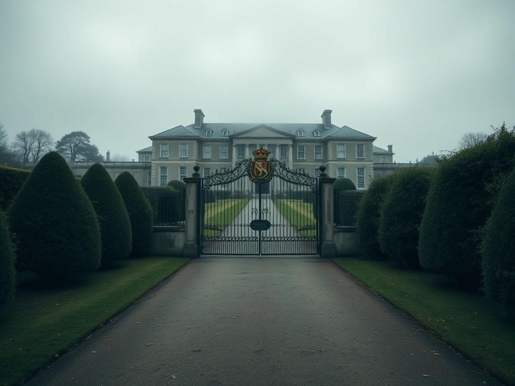 Flick International A somber royal estate surrounded by well-manicured gardens under a gray sky.