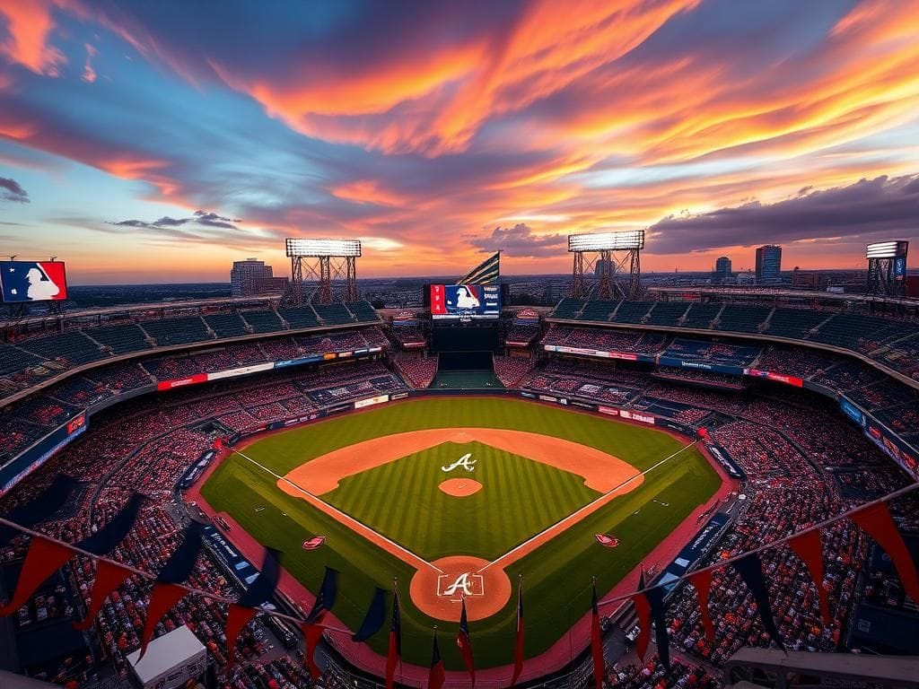 Flick International Aerial view of Truist Park, home of the Atlanta Braves, showcasing vibrant fan activities and a well-maintained baseball field.