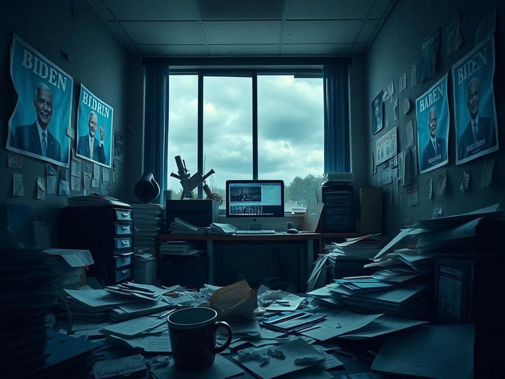 Flick International A chaotic campaign office of Biden and Harris with scattered papers and dim lighting