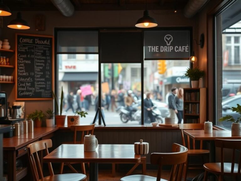 Flick International Cozy interior of The Drip Café with warm wooden furniture and a view of protests outside