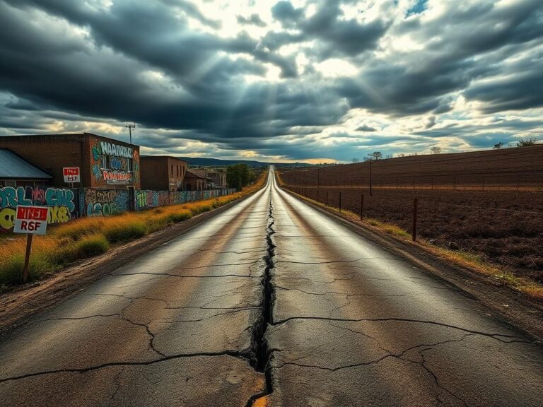 Flick International A cracked road dividing a vibrant urban environment and a desolate rural area, symbolizing political divides.