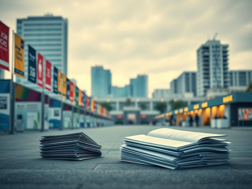 Flick International A deserted job fair scene showcasing empty booths and stacked resumes