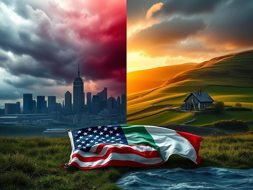 Flick International A split landscape showcasing a stormy American city skyline and a serene Irish countryside