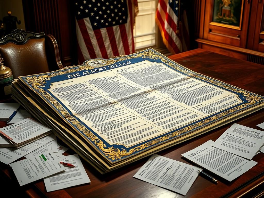Flick International Close-up of a thick, ornate legislative bill on a polished wooden desk surrounded by contrasting documents.