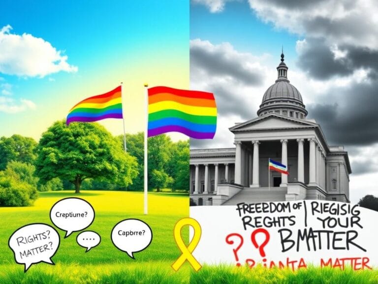 Flick International A vibrant split landscape illustrating contrasting sides of LGBTQ political discourse