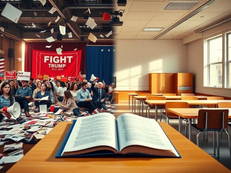 Flick International Split image showing a chaotic convention hall with political slogans and a calm classroom setting with teaching materials.