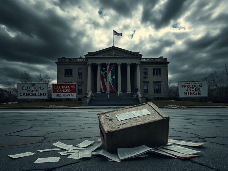 Flick International A dystopian scene of a partially destroyed government building symbolizing the erosion of democratic values