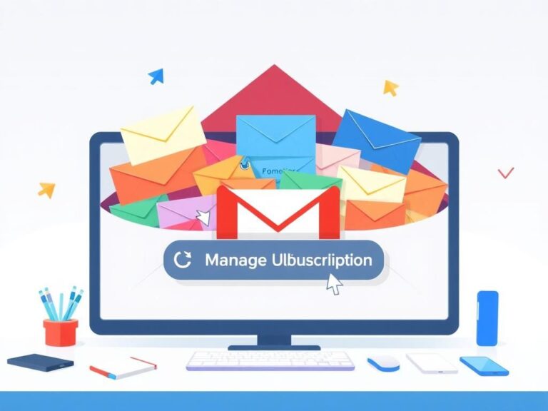 Flick International Infographic illustrating a neat Gmail inbox with colorful email envelopes and a prominent Manage Subscriptions button.