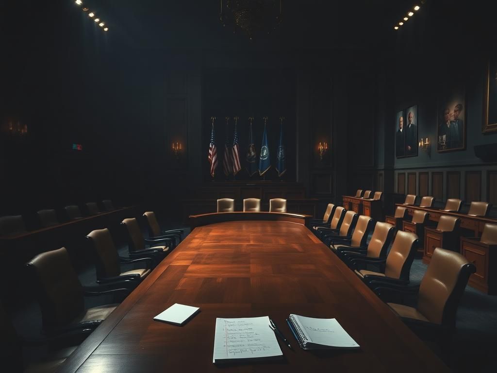 Flick International Dimly lit Senate hearing room with an oval wooden table and unoccupied chairs