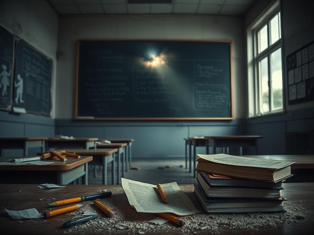 Flick International Empty, dilapidated classroom with scattered school supplies and peeling paint