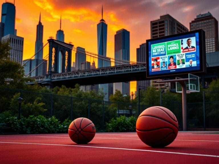 Flick International Vibrant urban scene of New York City skyline at sunset with Brooklyn Bridge and basketball court