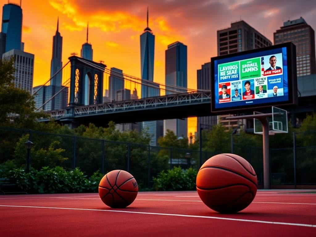 Flick International Vibrant urban scene of New York City skyline at sunset with Brooklyn Bridge and basketball court