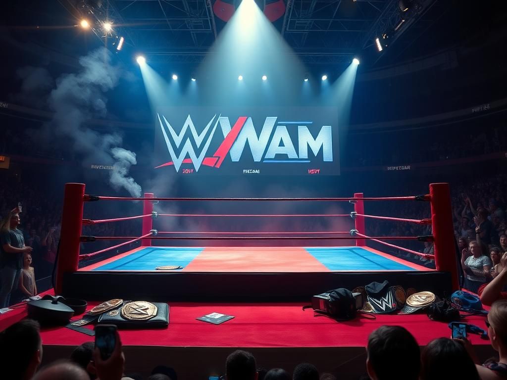 Flick International Dramatic wrestling ring in a dimly lit arena, showcasing vibrant red and blue canvas with championship belts.
