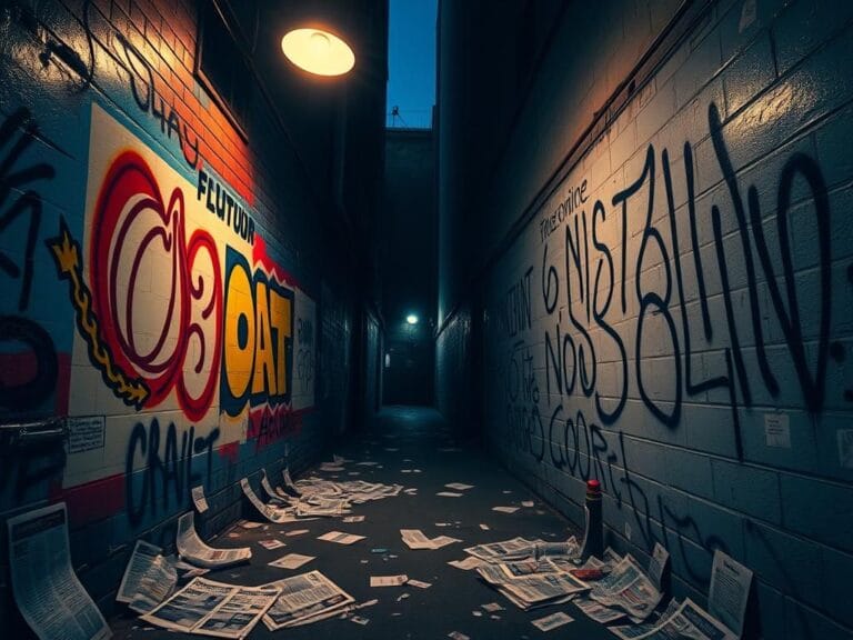 Flick International A dimly lit New York city alley showcasing contrasting graffiti on two walls that represent cultural unity and hostility.