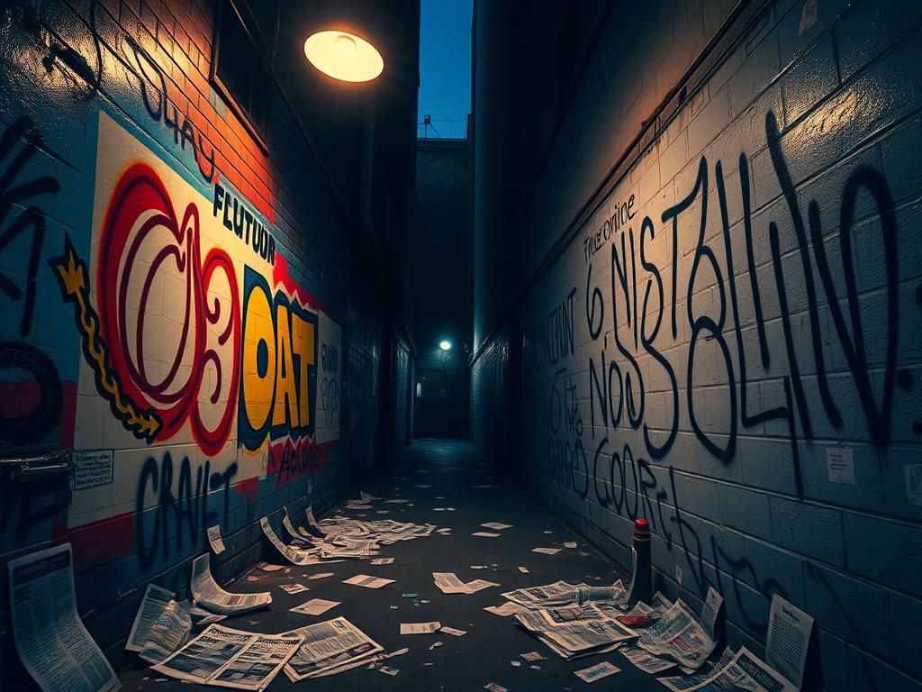 Flick International A dimly lit New York city alley showcasing contrasting graffiti on two walls that represent cultural unity and hostility.