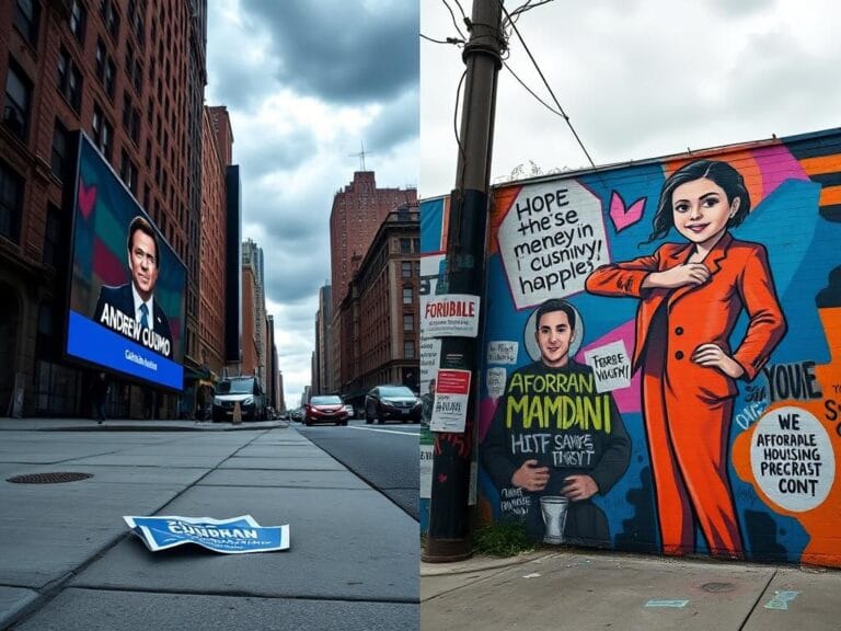 Flick International A split image contrasting Andrew Cuomo's faded campaign video with vibrant street art of Zohran Mamdani in New York City.