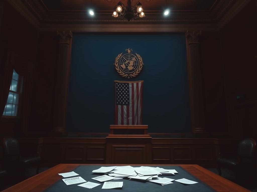 Flick International A dramatic Senate hearing room with an illuminated podium and an American flag backdrop
