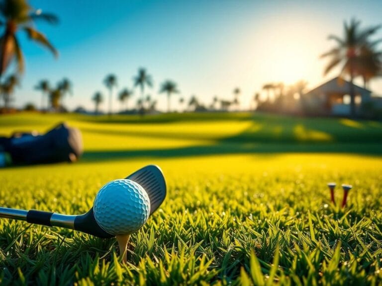 Flick International A serene golf course at sunrise with a manicured fairway and palm trees