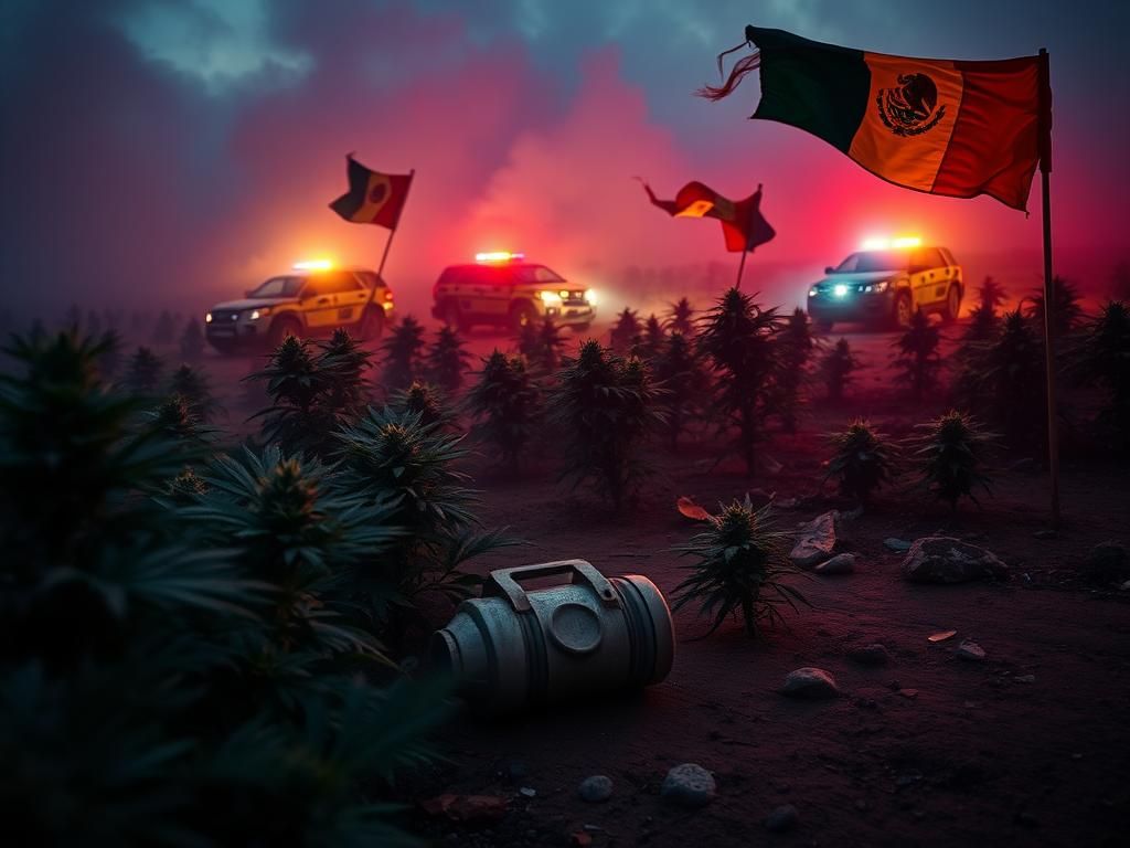 Flick International A discarded tear gas canister on the ground of a cannabis farm, surrounded by vibrant Mexican flags and law enforcement vehicles in the background.