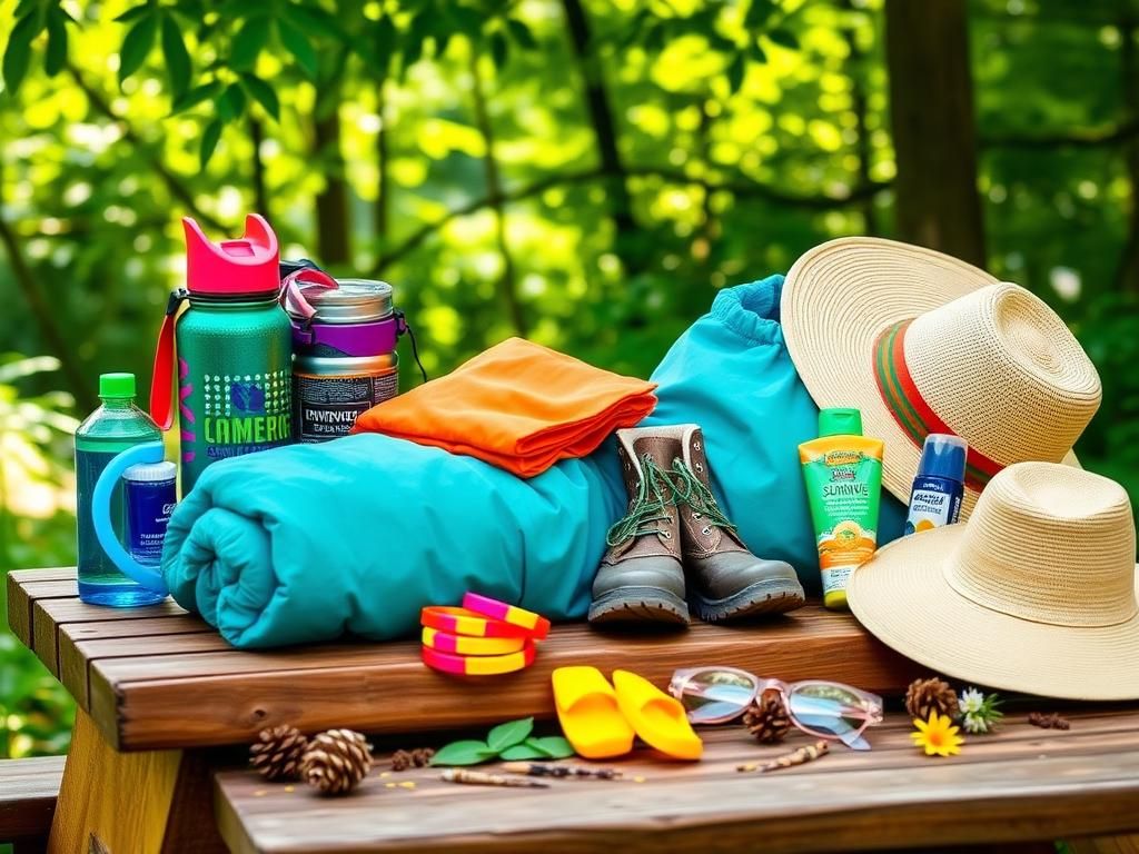 Flick International A vibrant summer camp scene featuring essential camping gear on a picnic table