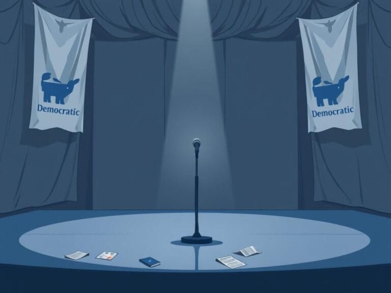 Flick International Conceptual illustration of a dimly lit political rally stage with a microphone, symbolizing silence and reflection