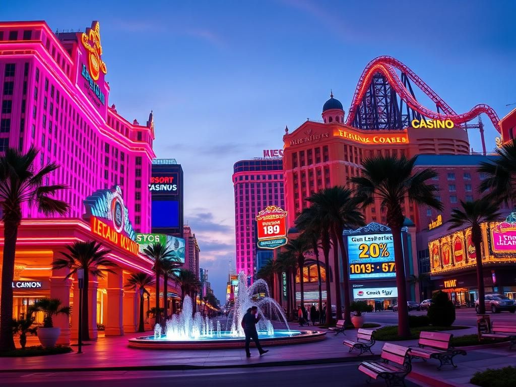 Flick International Vivid depiction of the Las Vegas Strip at dusk with illuminated resort casinos and extravagant facades