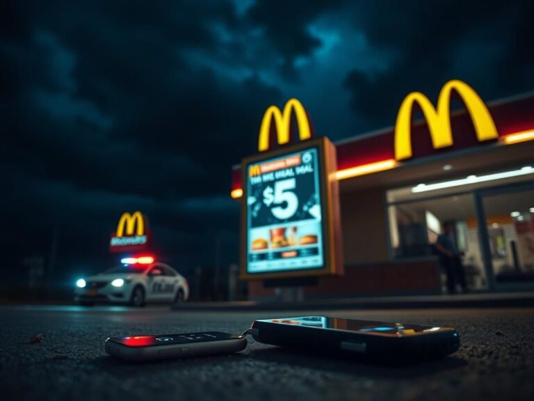 Flick International Dramatic night scene outside a McDonald's restaurant with illuminated signage and a chaotic drive-thru menu board