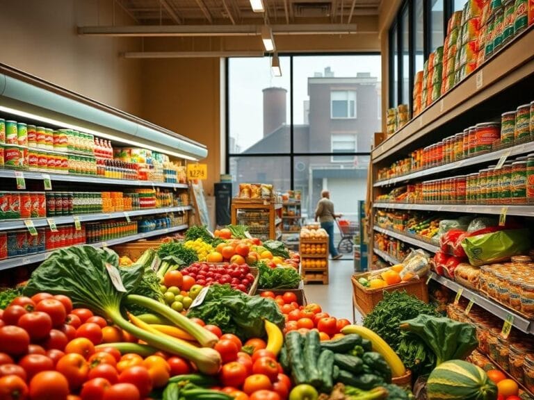 Flick International A bustling urban grocery store filled with colorful produce and neatly arranged goods