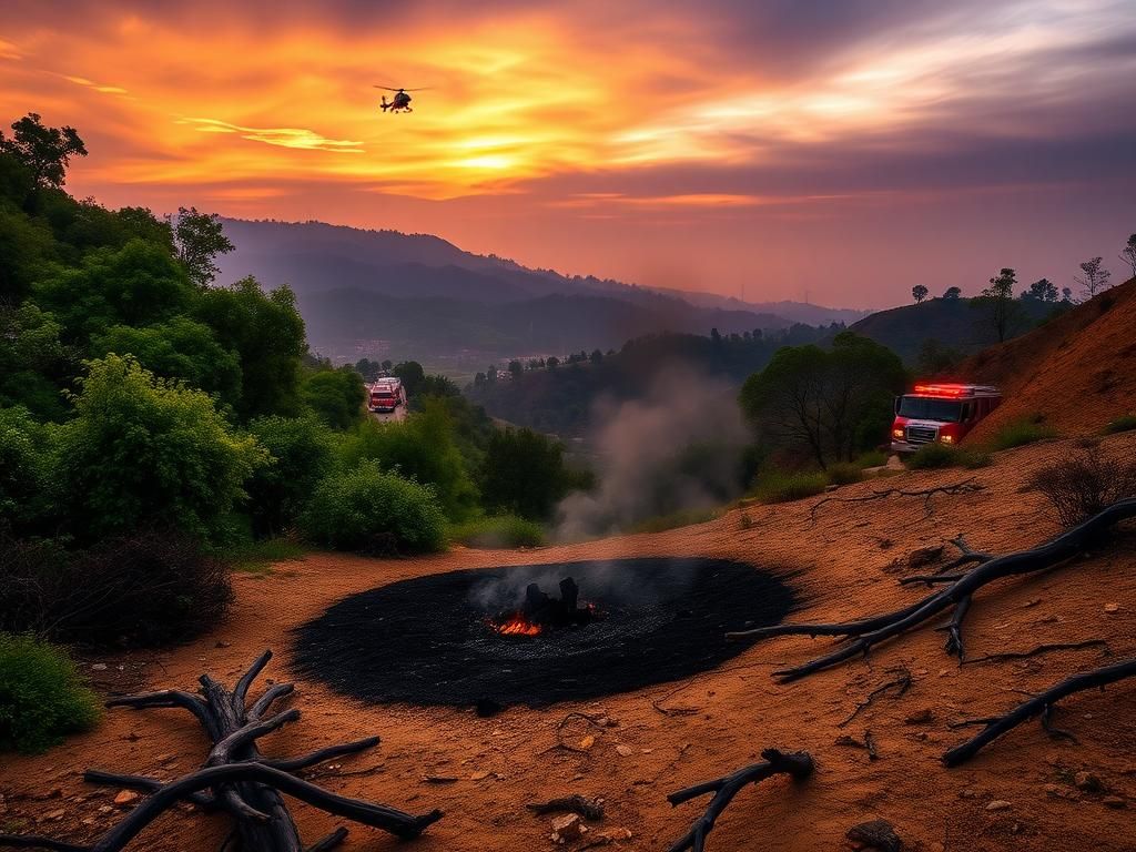 Flick International Dramatic landscape of Runyon Canyon showing contrast between lush greenery and recently scorched earth