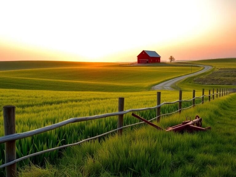 Flick International Tranquil rural landscape at sunrise with lush farmland and traditional red barn
