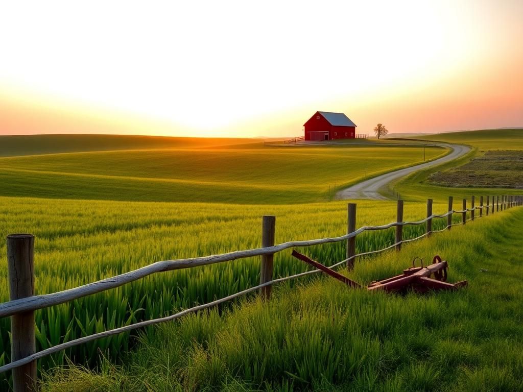 Flick International Tranquil rural landscape at sunrise with lush farmland and traditional red barn