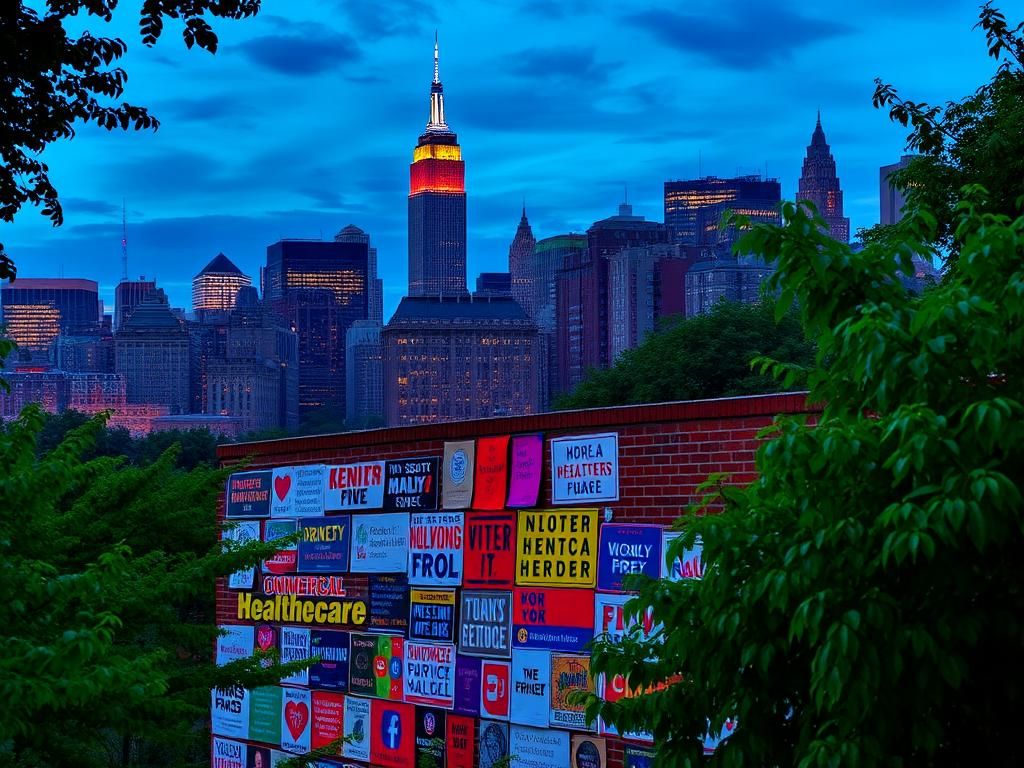 Flick International Vibrant New York City skyline at dusk with political posters and banners