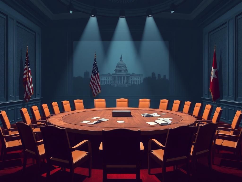 Flick International Abstract depiction of a Senate hearing room with empty chairs and a large table