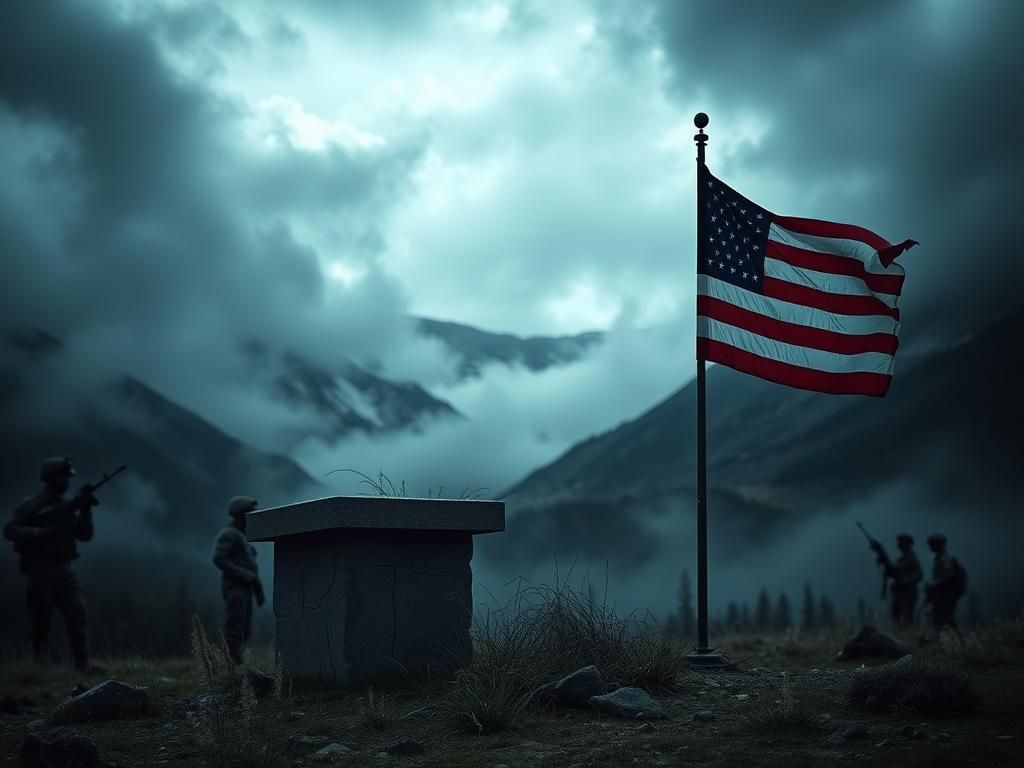 Flick International A dramatic landscape of Aspen mountains with an American flag fluttering in a stormy sky