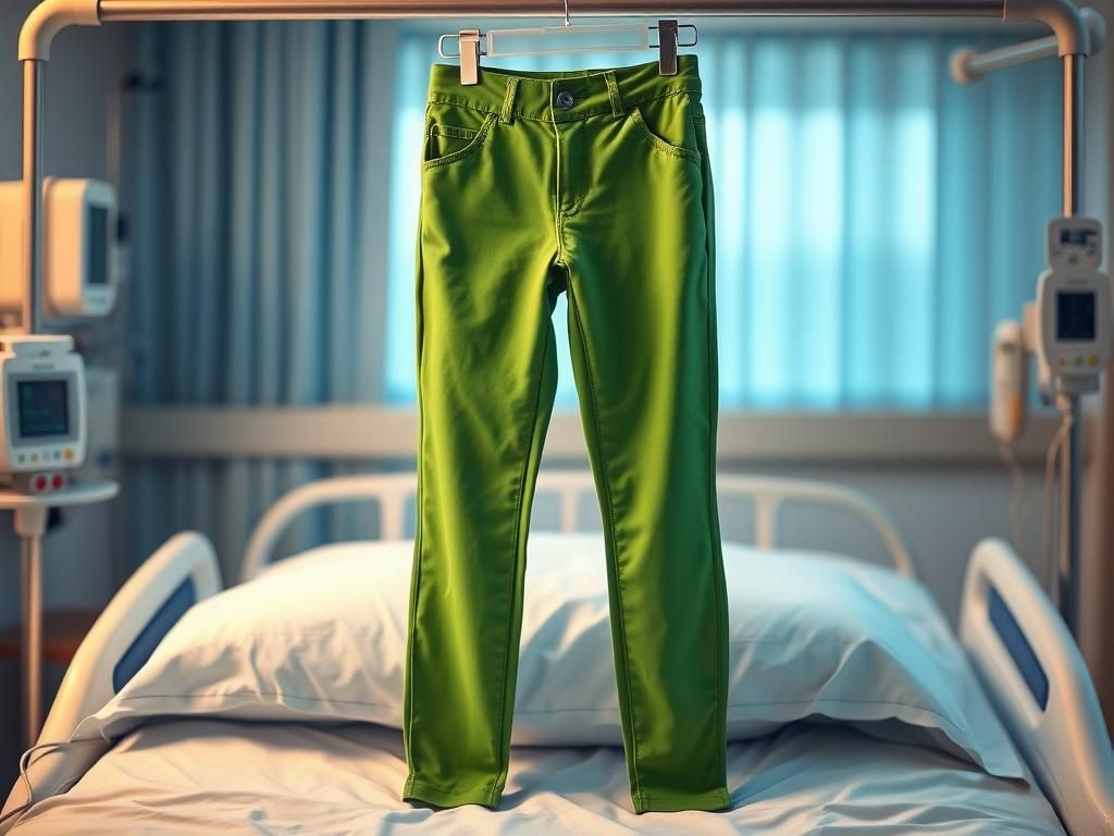 Flick International A pair of vibrant green pants hanging on a hospital bed amidst medical equipment