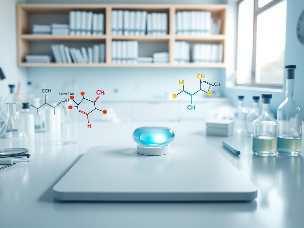 Flick International A glowing gel implant for Parkinson's treatment on a white surface surrounded by scientific instruments