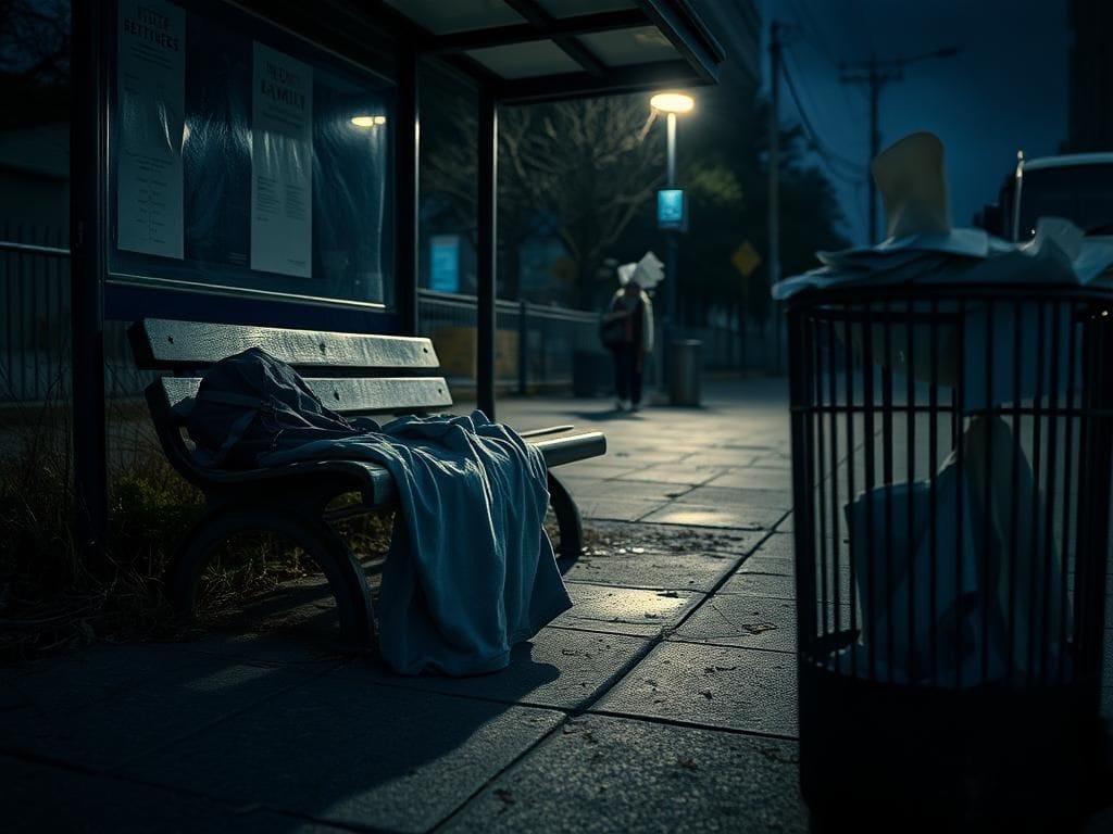 Flick International Dimly lit urban bus stop at dusk symbolizing distress and conflict