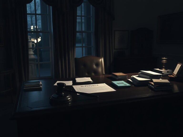 Flick International Dimly lit room in the White House with a cluttered desk and an open subpoena