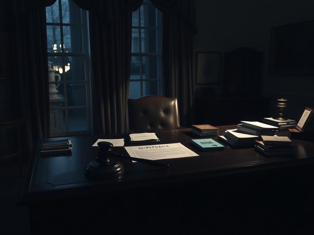 Flick International Dimly lit room in the White House with a cluttered desk and an open subpoena