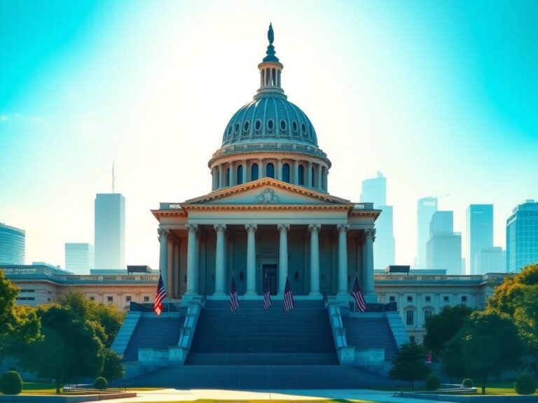 Flick International Grand modern government building symbolizing fiscal reform with American flags and dynamic skyline