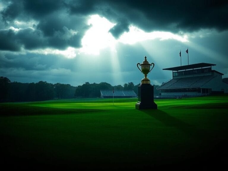 Flick International Dimly lit golf course at Bethpage Black with storm clouds gathering overhead