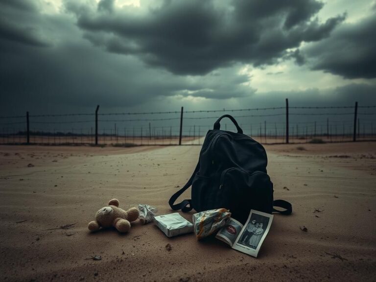 Flick International Somber scene of a deserted border crossing with a child's backpack symbolizing abandonment
