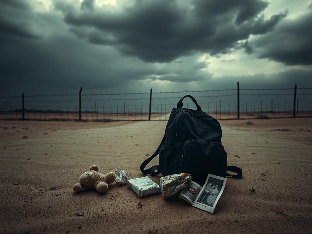 Flick International Somber scene of a deserted border crossing with a child's backpack symbolizing abandonment