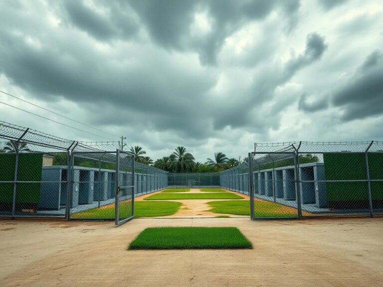 Flick International A deserted detention facility surrounded by lush greenery, evoking a sense of confinement within the Everglades