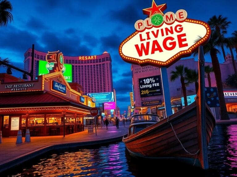 Flick International Bustling Las Vegas street scene at twilight with neon-lit resort and high prices