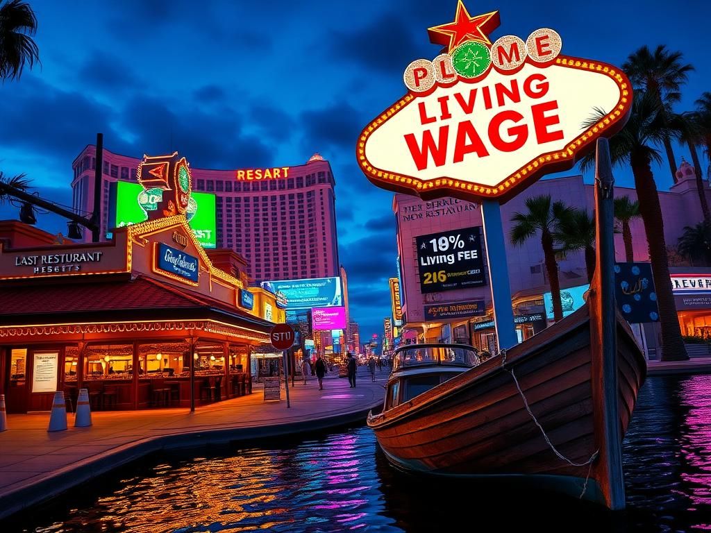 Flick International Bustling Las Vegas street scene at twilight with neon-lit resort and high prices