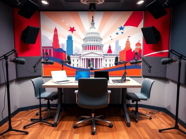 Flick International Modern podcast studio with high-tech equipment and political artwork