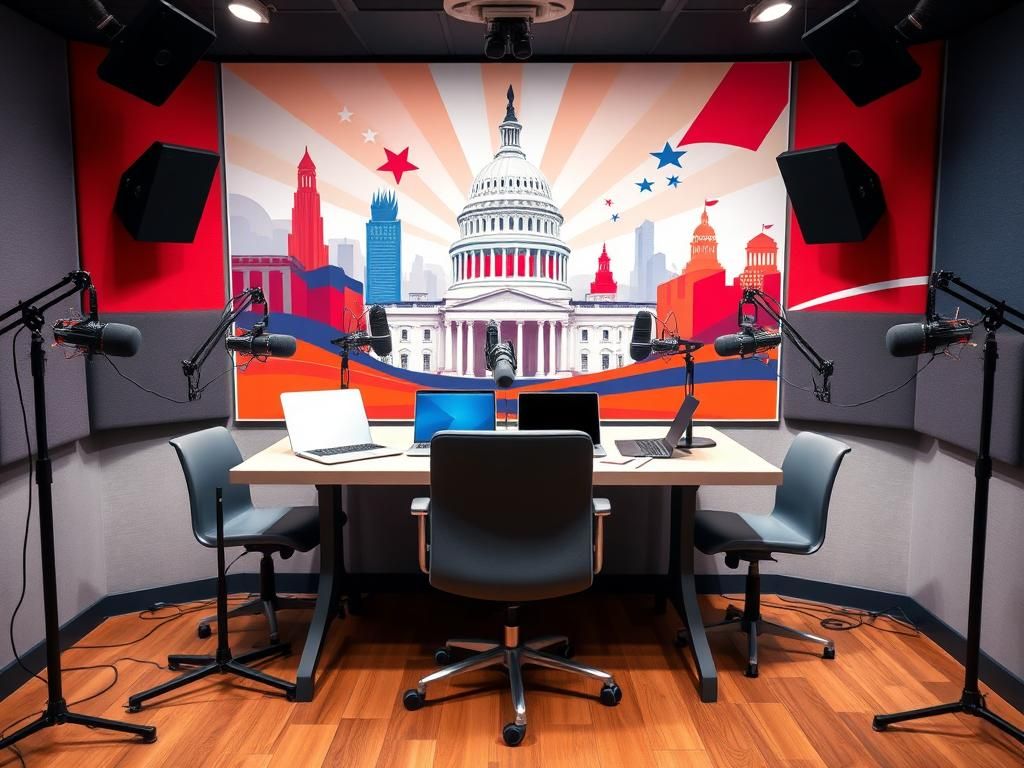 Flick International Modern podcast studio with high-tech equipment and political artwork