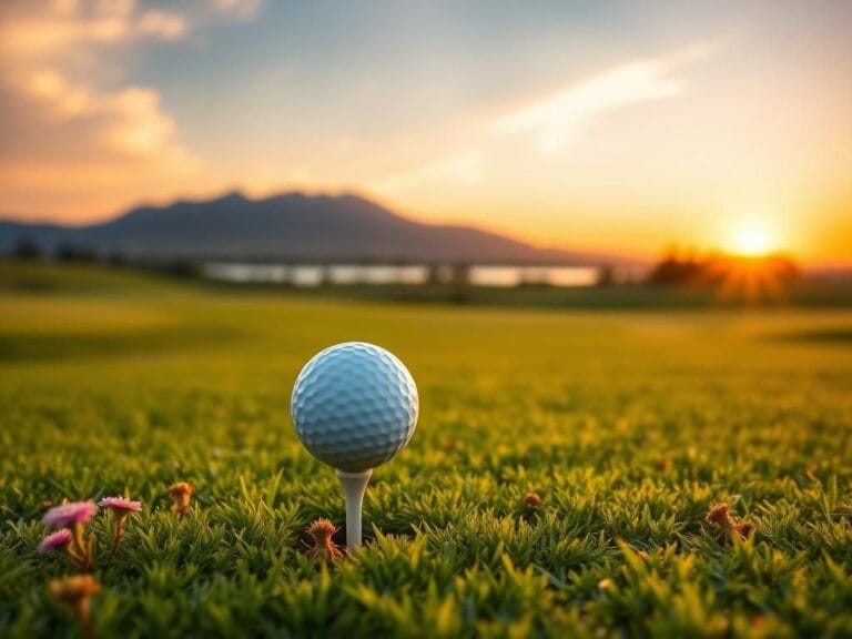Flick International A serene golf course at sunset with a golf ball on a tee